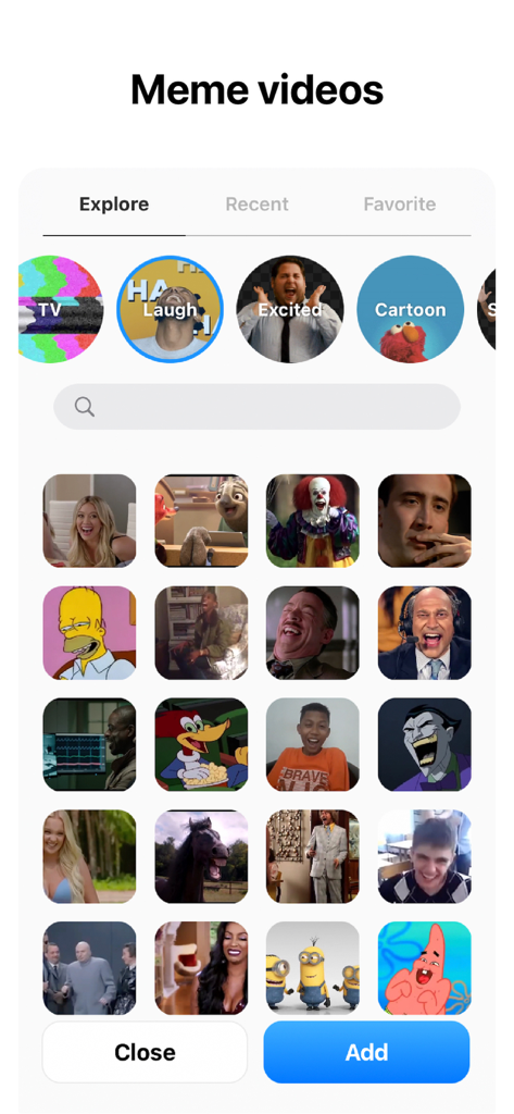Interface of the Vlogr app showing a searchable library of popular meme videos to add to projects.