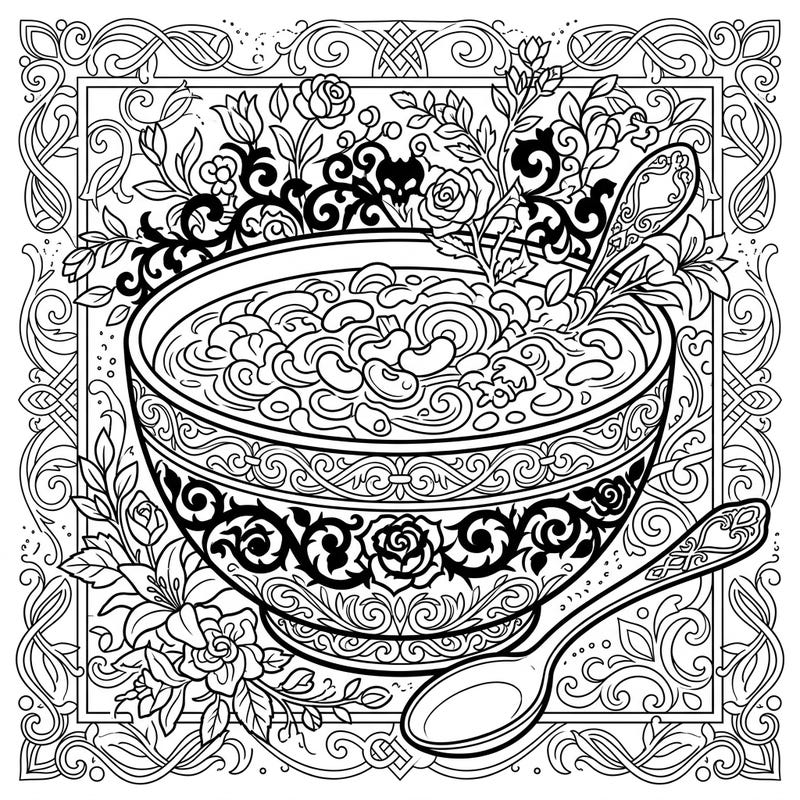Explore the unexpected beauty of this Gothic Bean Soup coloring page, where hearty comfort meets dark, intricate design. Adorned with subtle spring floral motifs and ornate patterns, it promises a uniquely engaging coloring experience.