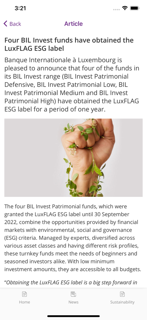 Blink by BIL - Blink by BIL app screen showing a news article about BIL Invest funds receiving the LuxFLAG ESG label