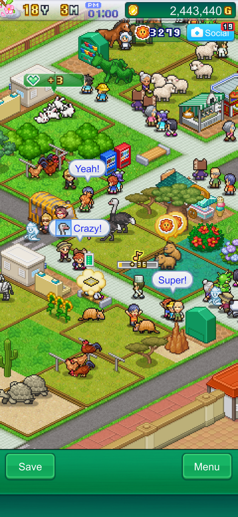 動物、来場者、公園施設で賑わうドット絵の動物園のトップダウンビュー