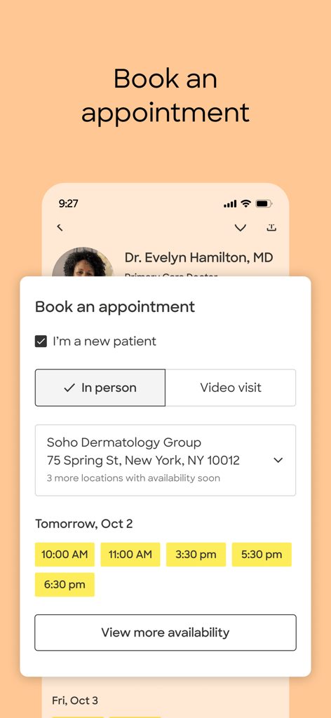 Zocdoc - Find and book doctors - Zocdoc app screen for booking a doctor appointment with options for in-person or video visits and available time slots.