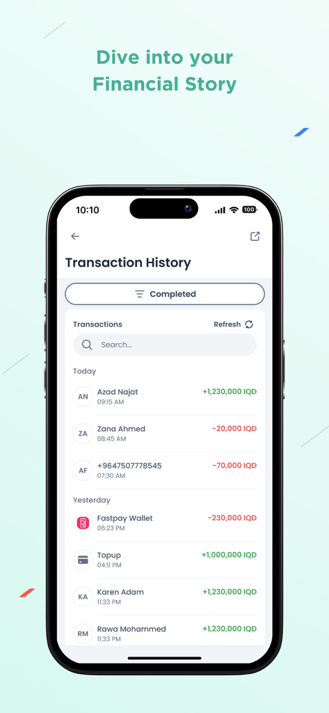 First Iraqi Bank - First Iraqi Bank 모바일 앱 거래 내역 화면, 최근 디지털 결제 및 송금 표시