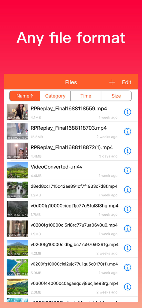 Interface of the Video Converter app displaying a list of video files in various formats like mp4 and m4v.