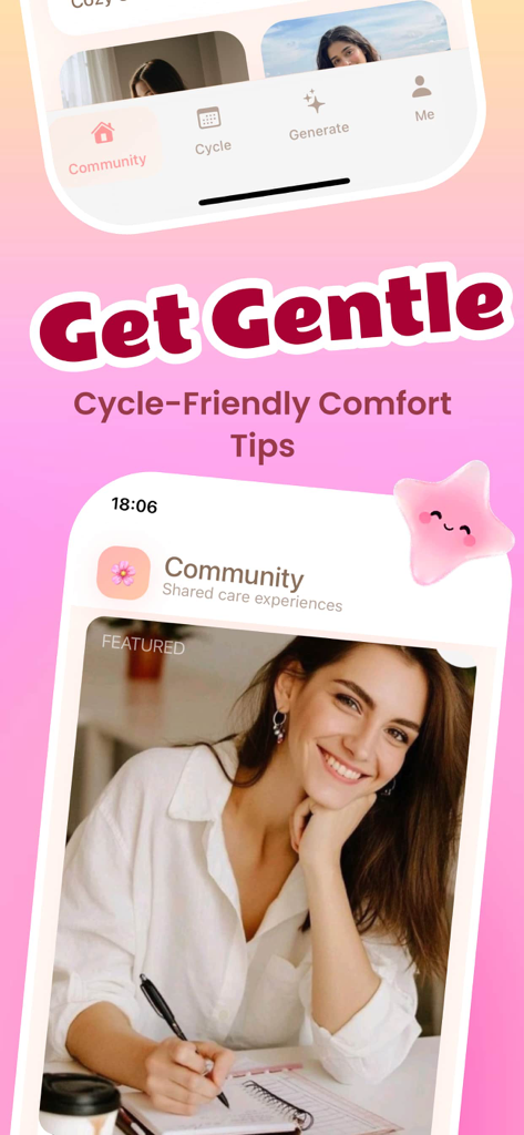 Pilla - Share, Explore - A screenshot of the Pilla app interface featuring community shared care experiences and gentle cycle-friendly comfort tips