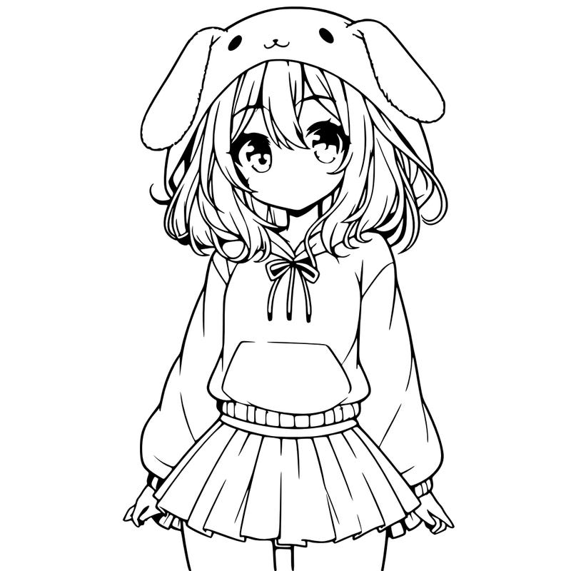 pretty anime girl wearing a fluffy hoodie with bunny ears on the hood and a skirt