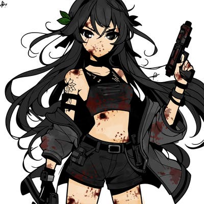 bad girl wearing crop top holding a gun long hair anime