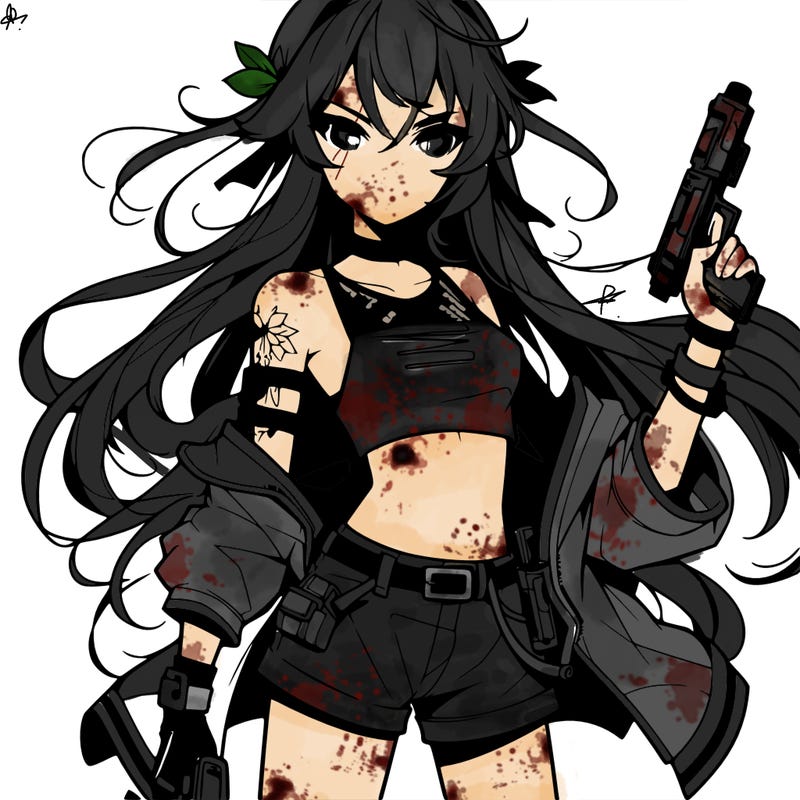 bad girl wearing crop top holding a gun long hair anime