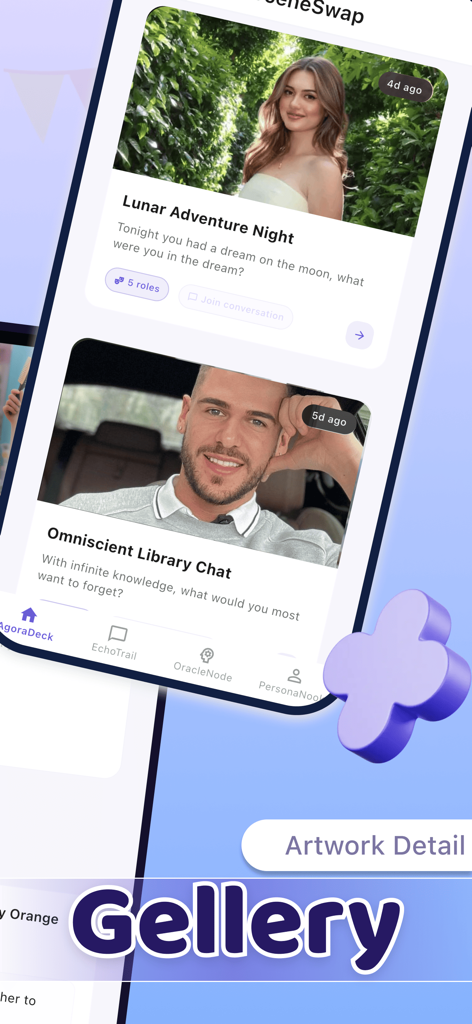 Swiya app gallery screen showing roleplay character prompts like Lunar Adventure Night and Omniscient Library Chat