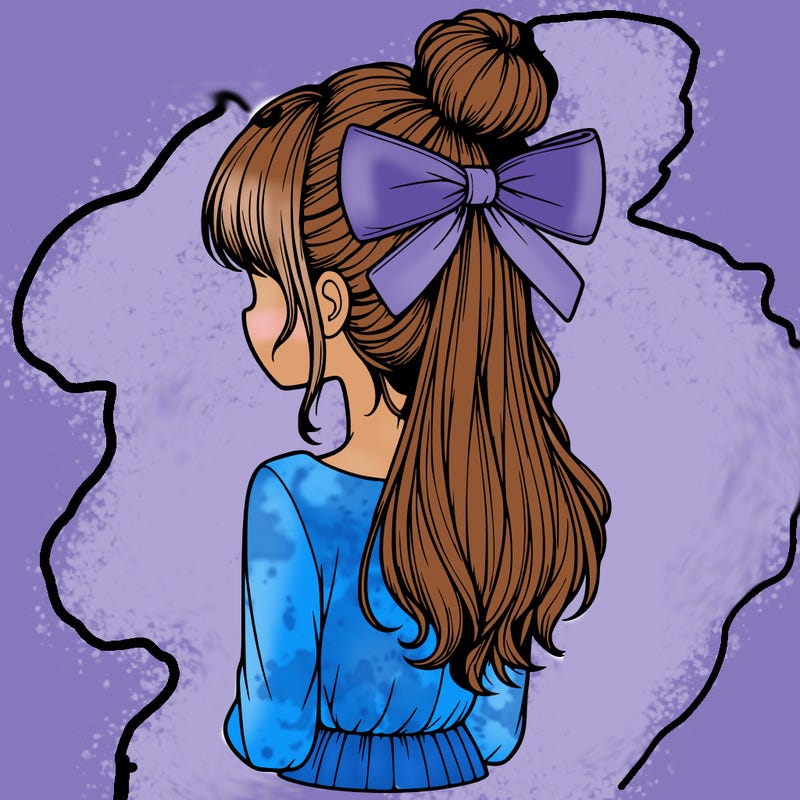 realistic girl  with hip length hair a bun and a big bow on the back of head