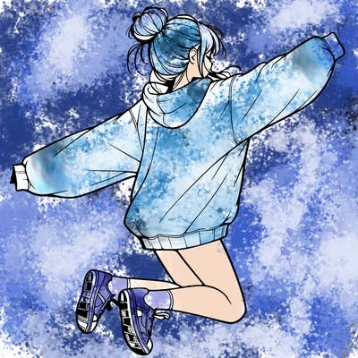realistic girl jumping with a bun and oversized sweatshirt
