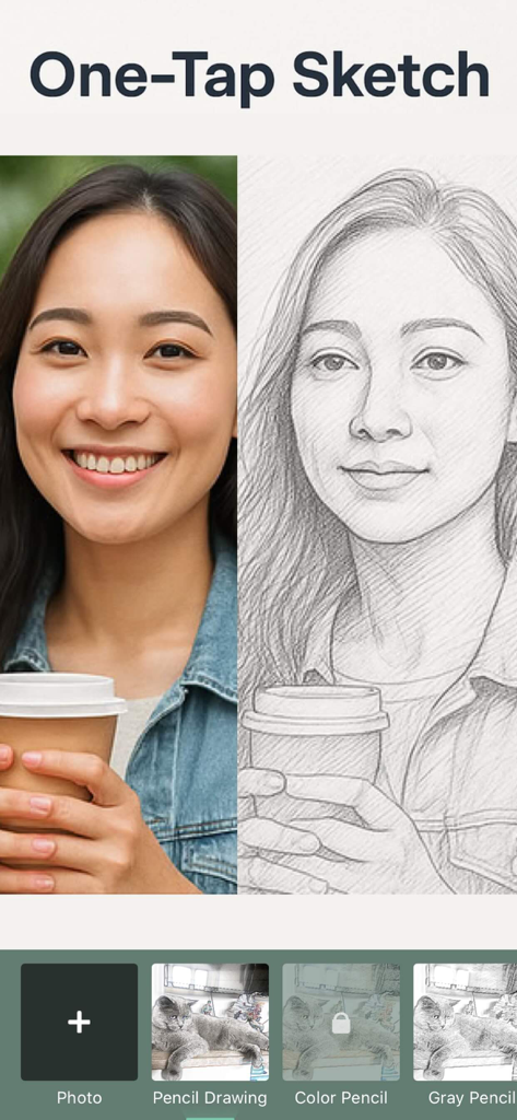 Photo to Sketch Drawing Maker - 元の女性の写真とその鉛筆スケッチ版を示す、分割画面の比較