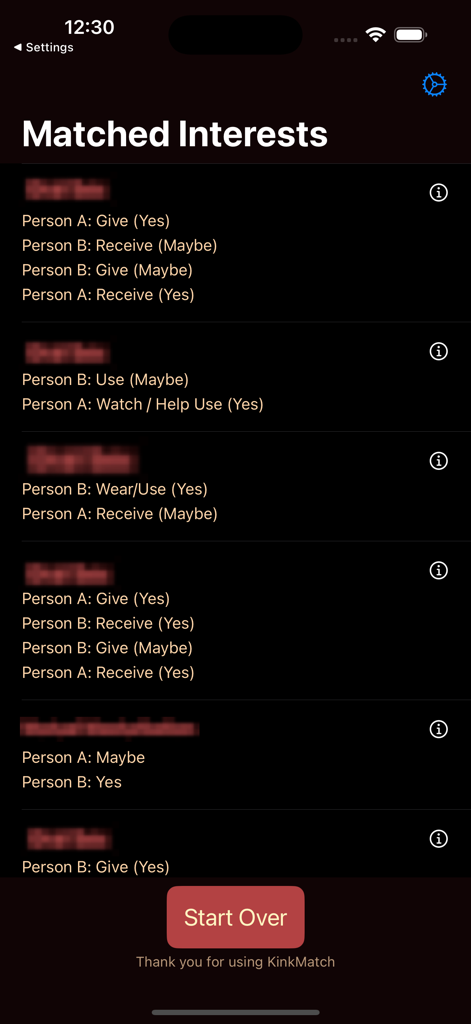 KinkMatch - A list of shared sexual interests and compatible roles displayed for a couple on the KinkMatch results screen.