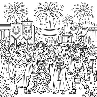 Celebrate Independence Day with a unique twist! This grayscale realistic coloring page brings together historical figures from diverse cultures in a festive parade, complete with flags and fireworks.