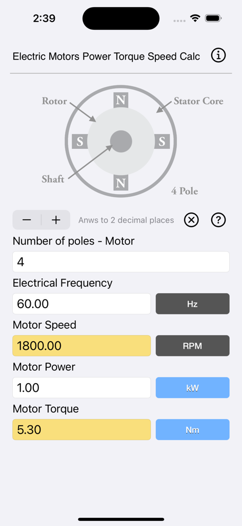 Oberfläche der App Electric Motors Speed Calc, die Berechnungen für Motordrehzahl und Drehmoment zeigt