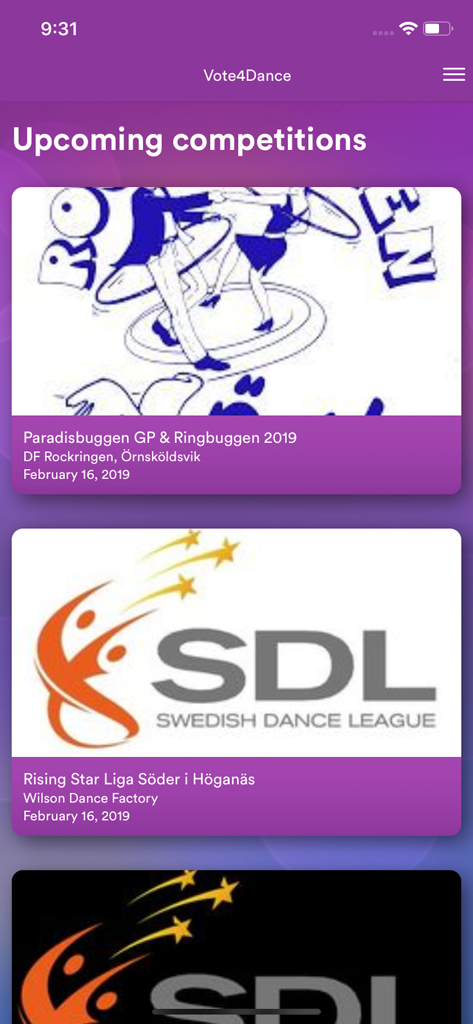 Vote4Dance mobile app screen showing a list of upcoming dance competitions with event posters and dates