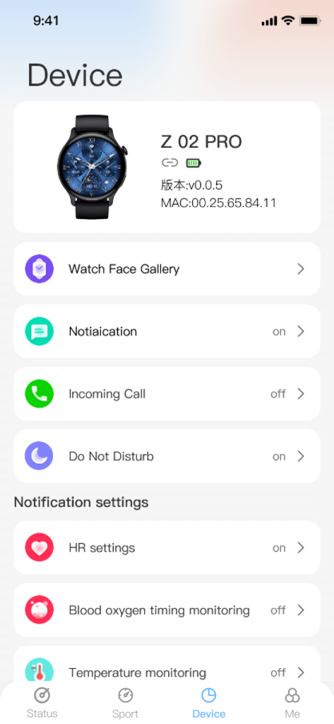 STF Watch app screen displaying device settings and health monitoring options for the Z 02 PRO smartwatch