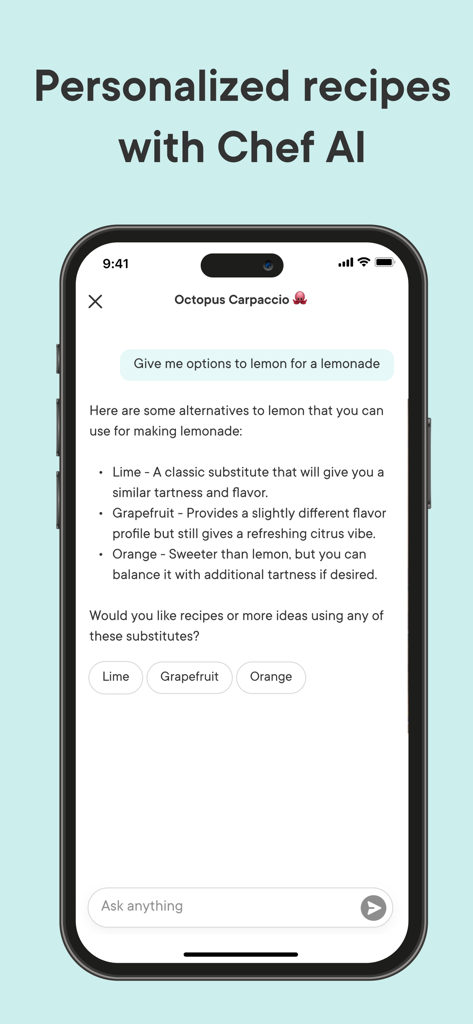 Gronda: Recipes for Chefs - Interface de l'application Gronda montrant l'IA Chef fournissant des alternatives d'ingrédients pour une recette