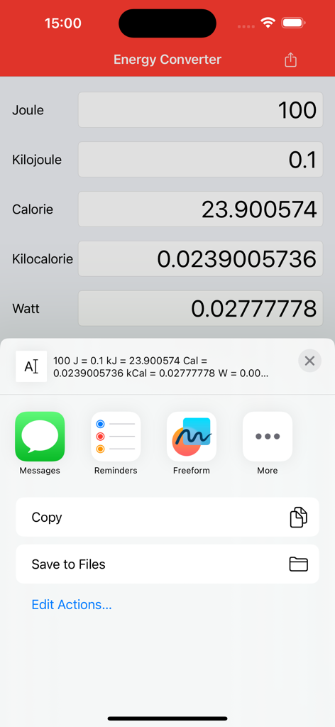 Interface do aplicativo móvel Energy Converter exibindo conversões de unidade e opções de compartilhamento