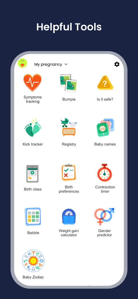 BabyCenter Track Pregnancy App - Dashboard of the BabyCenter app showing helpful pregnancy tools like symptom tracking and kick tracker