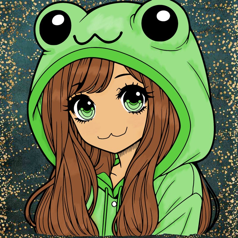 a pretty girl wearing a frog hoodie portrait with long hair