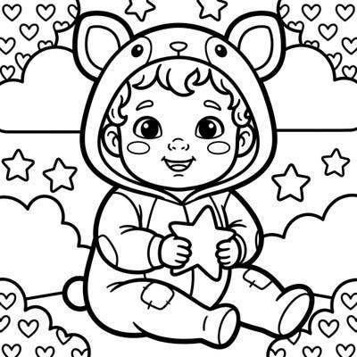 Introduce your toddler to the joy of coloring with this adorable page featuring a baby in a cuddly bear costume. Designed with ultra-thick lines and simple shapes, it's perfect for developing fine motor skills and encouraging early creativity.