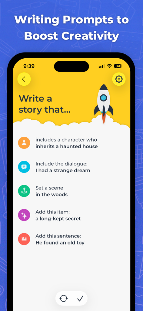Writing Challenge - Schermata dell'app Writing Challenge che mostra un elenco di spunti creativi per storie, inclusi personaggi e ambientazioni.