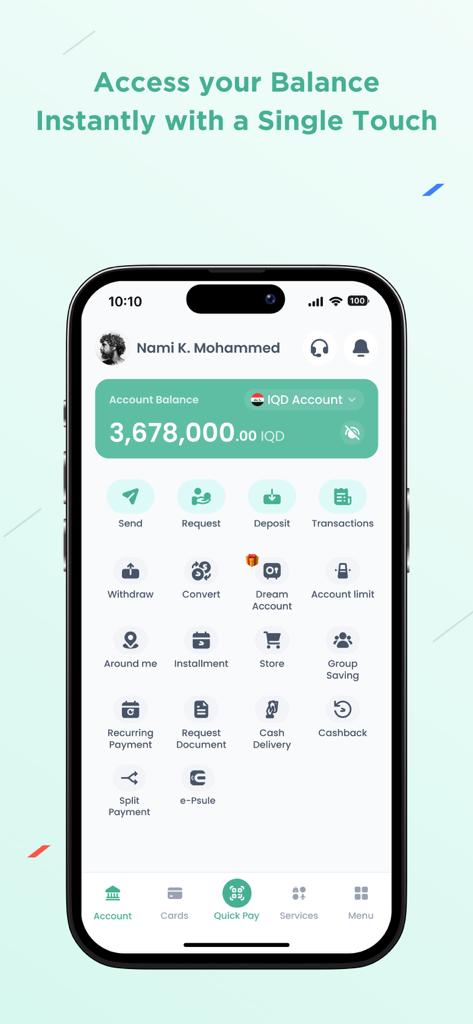 First Iraqi Bank - First Iraqi Bank 모바일 앱 대시보드, IQD 계좌 잔액 및 송금, 인출과 같은 뱅킹 기능 표시