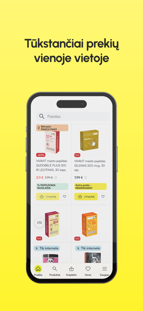 CAMELIA vaistinė - Bildschirm der mobilen Camelia Apotheken-App, der Vitamine und Nahrungsergänzungsmittel mit Sonderangeboten und Rabatten anzeigt.