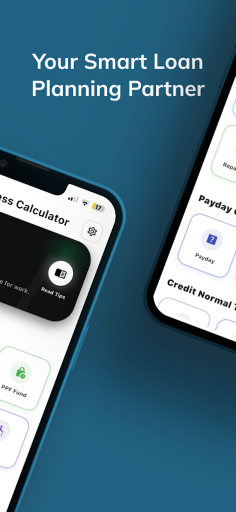 Instant Loan Calc : Planner - Pantallas de la aplicación Calculadora de Préstamos Instantáneos: Planificador mostrando herramientas de planificación financiera y cálculo de préstamos