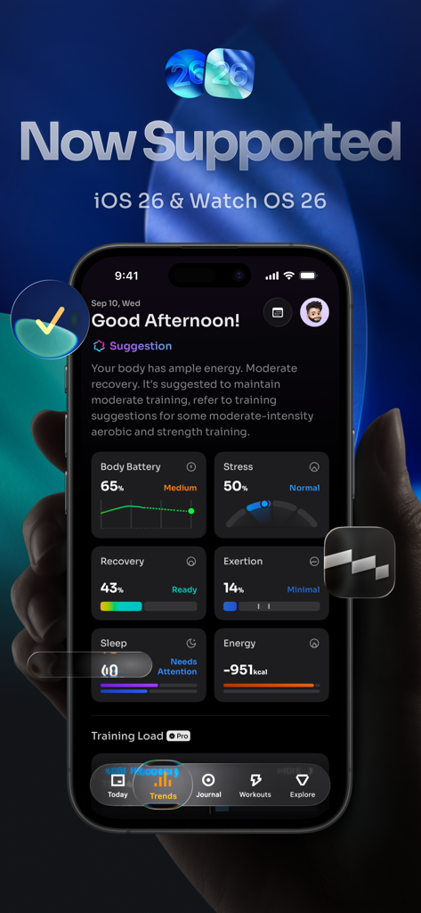 Tableau de bord de l'application PeakWatch sur un iPhone montrant les métriques de batterie corporelle, de stress, de récupération et d'effort