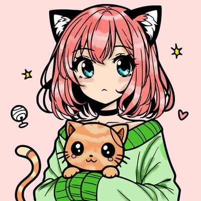 manga girl with cat ears and holding a cat