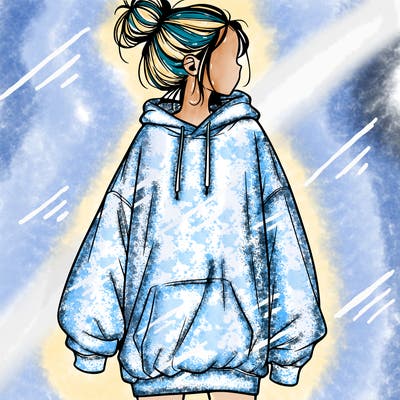realistic girl with a oversized sweatshirt on and a bun