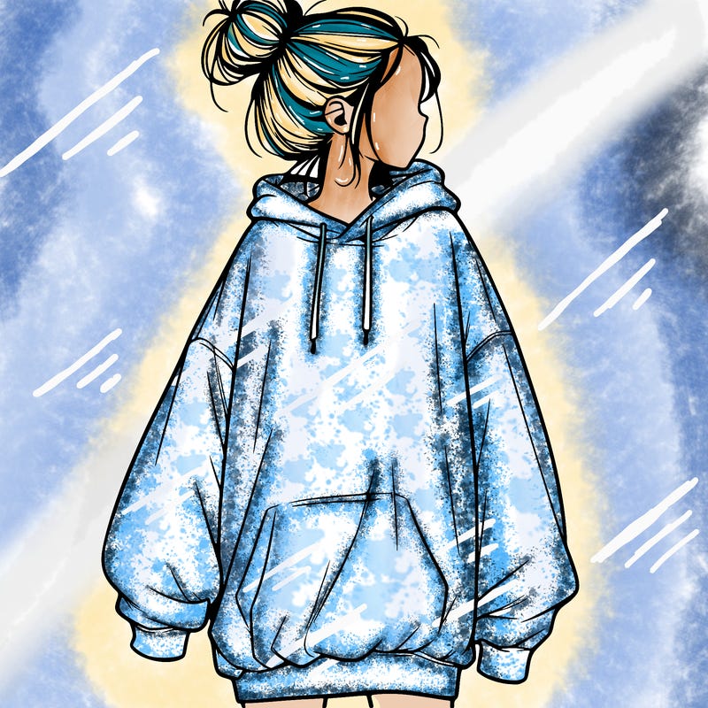 realistic girl with a oversized sweatshirt on and a bun