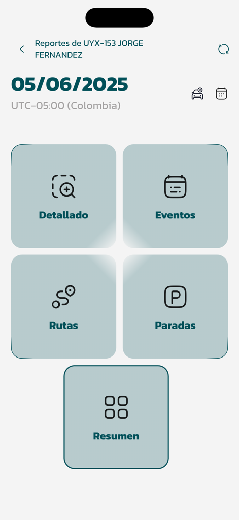 VISTO+ - Panel de la aplicación VISTO+ que muestra opciones de informes para el seguimiento de vehículos, incluidas rutas, eventos y paradas.