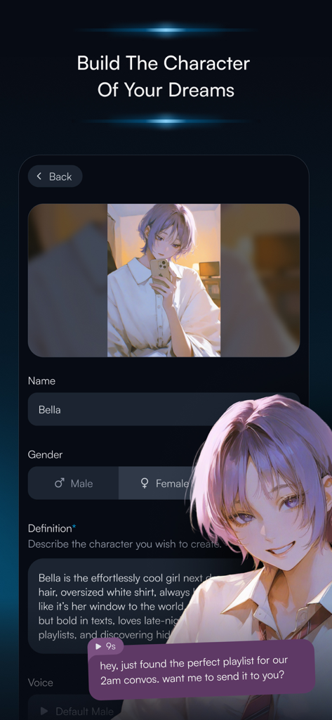 Dewy: Chat with AI Characters - App screen showing the creation of a custom AI character named Bella with an anime portrait.
