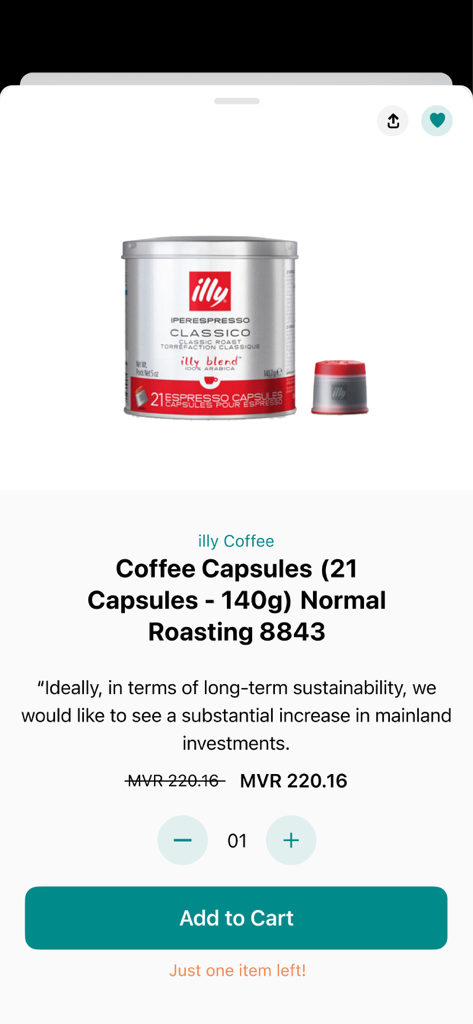 Product page for illy coffee capsules on the SIMDI Online shopping app.