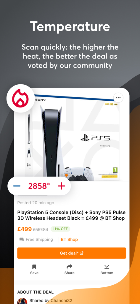 hotukdeals - Deals & Discounts - Captura de pantalla de la aplicación hotukdeals que muestra una oferta caliente votada por la comunidad para un paquete de PlayStation 5 con una alta calificación de temperatura