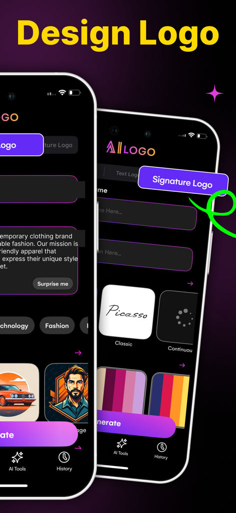 AI Logo Generator & Maker App - Benutzeroberfläche der KI Logo Generator App auf dem iPhone, die Designoptionen und Signatur-Logo-Tools zeigt