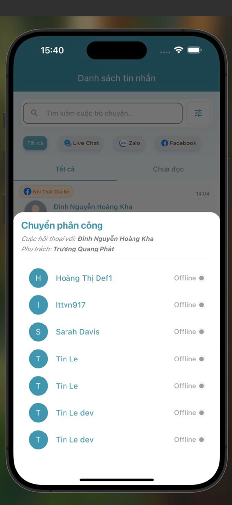 MiChat (MiTek) - MiChat mobile app interface showing a pop up to assign a conversation to different team members