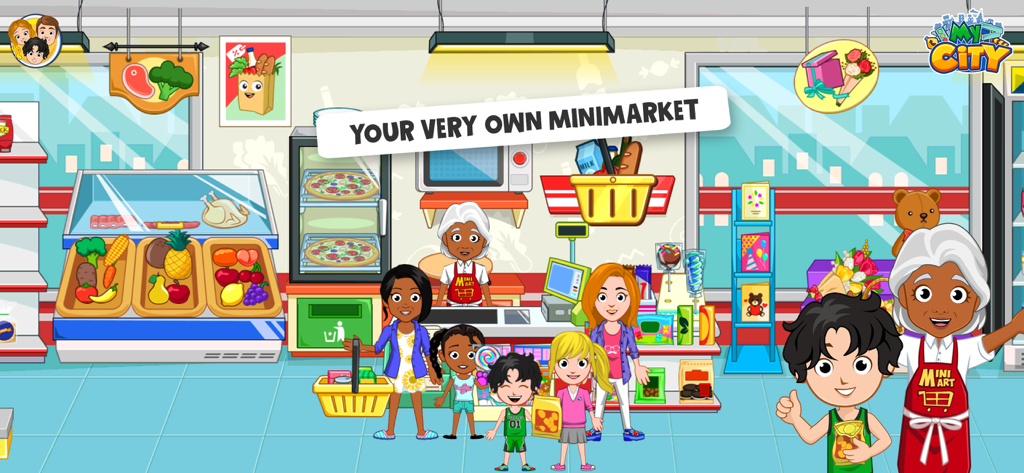 Cartoon characters shopping and working in a colorful minimarket within the My City game