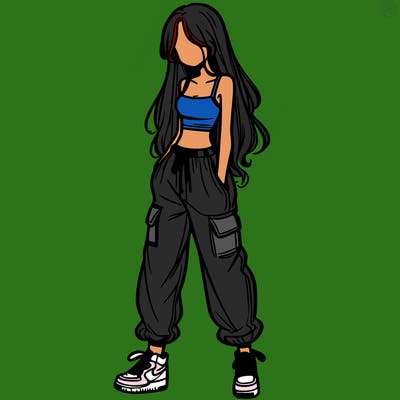 girl in baggy pants crop top and long hair