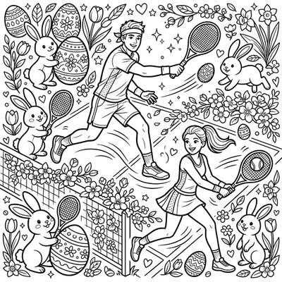 Serve up some holiday fun with this dynamic coloring page! It features active tennis players celebrating Easter alongside playful bunnies and intricately decorated eggs.