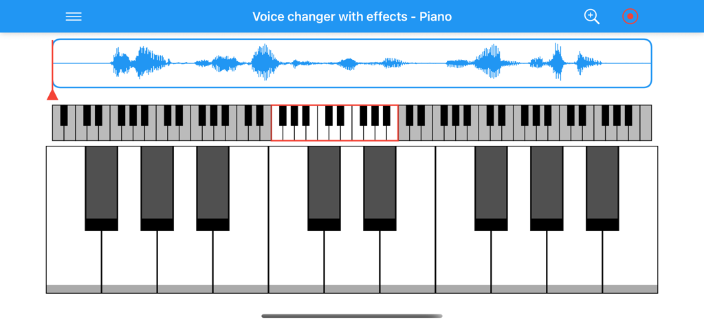 Interface of the Voice changer with effects app showing a piano keyboard and an audio waveform at the top