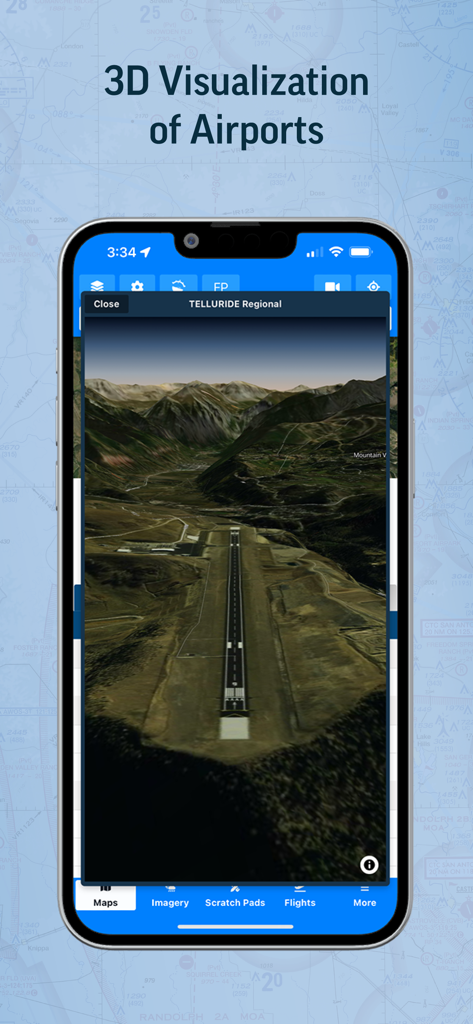 Aviator Assistant: Weather EFB - 3D visualization of an airport runway and surrounding mountains on the Aviator Assistant app screen