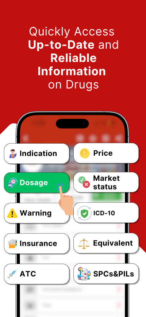 Vademecum Mobile: Guide - Vademecum Mobile app interface highlighting drug information features including dosage price and ICD-10 codes