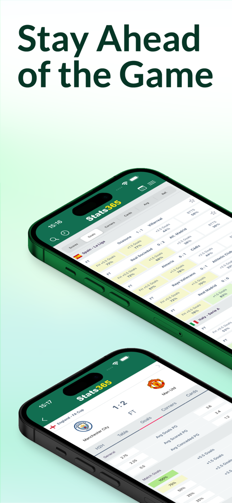 Stats 365 앱 인터페이스는 축구 라이브 스코어와 상세 경기 통계를 보여줍니다