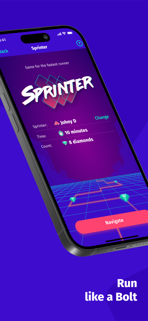 Roadgames: travel games - Una pantalla móvil de la aplicación Roadgames que presenta la tarea Sprinter con una tabla de clasificación y navegación para un desafío de carrera.
