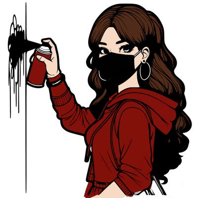 realistic girl with mask spray painting a wall