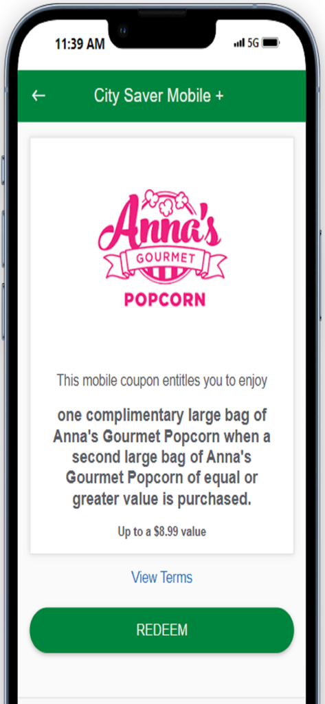 City Saver Mobile Plus - BOGO coupon for Annas Gourmet Popcorn in the City Saver Mobile Plus app