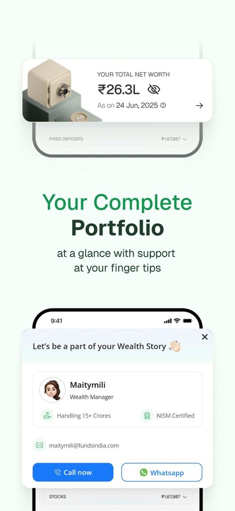 FundsIndia app interface showing total net worth in Rupees and wealth manager support options.